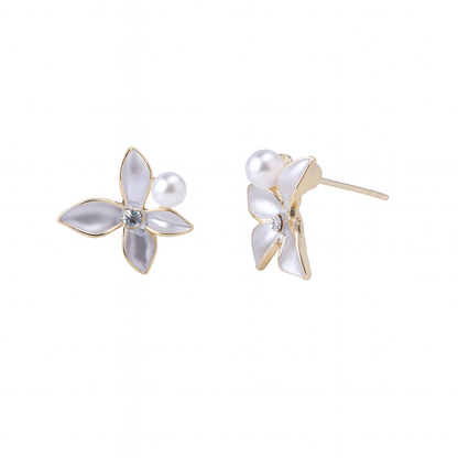 Jewello gorgeous gold-plated flower design white colour pearl bead and white stone stud anti tarnish dainty korean earring for women and girls.