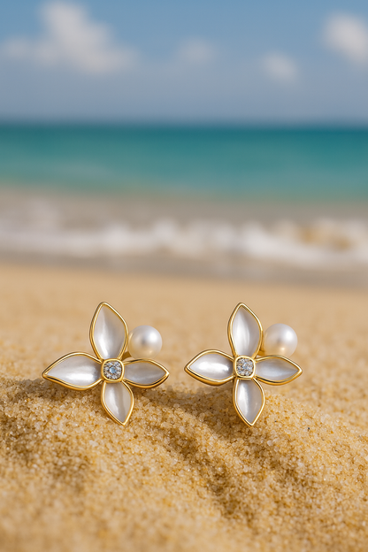 Jewello gorgeous gold-plated flower design white colour pearl bead and white stone stud anti tarnish dainty korean earring for women and girls. Daily wear earring, office wear earring. Gift for her