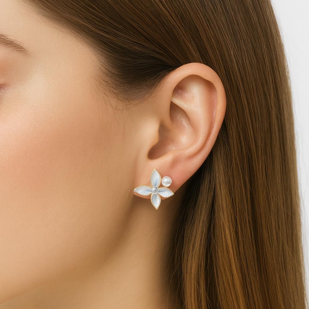 Jewello gorgeous gold-plated flower design white colour pearl bead and white stone stud anti tarnish dainty korean earring for women and girls.