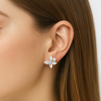 Jewello gorgeous gold-plated flower design white colour pearl bead and white stone stud anti tarnish dainty korean earring for women and girls.