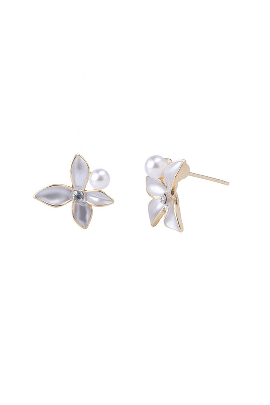 Jewello gorgeous gold-plated flower design white colour pearl bead and white stone stud anti tarnish dainty korean earring for women and girls. Daily wear earring, office wear earring. Gift for her