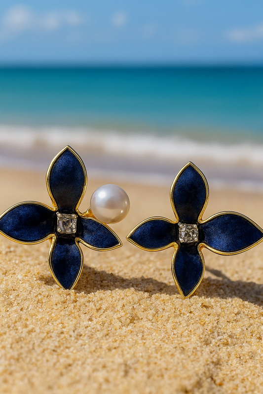 Jewello delicate gold-plated flower design and black stone and pearl bead stud Korean earring for women and girls, gift for her.