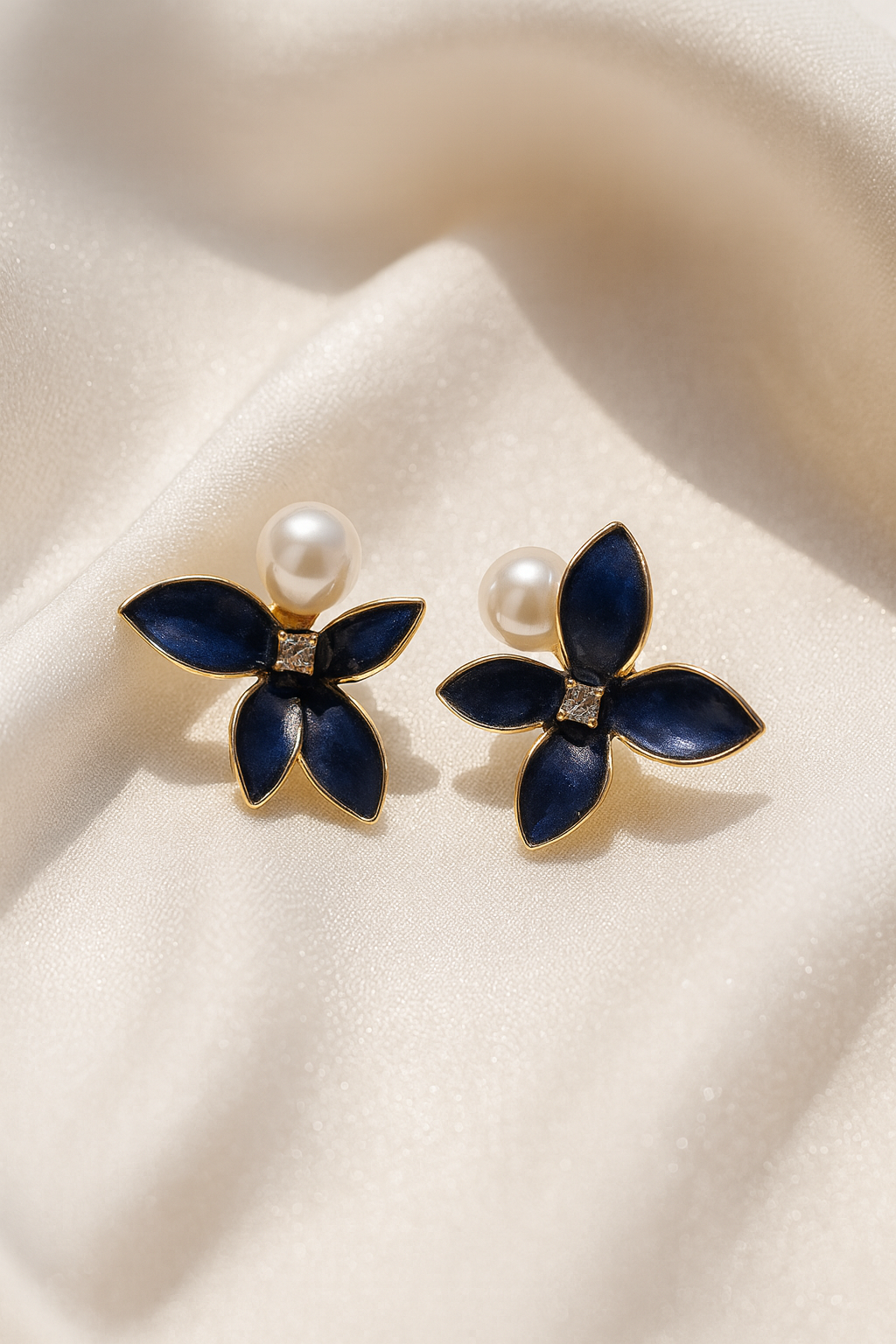 Jewello delicate gold-plated flower design and black stone and pearl bead stud Korean earring for women and girls, gift for her.