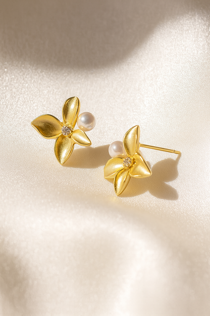 Jewello elegant gold-plated floral design with golden stone stud and pearl bead stud Korean earring for women and girls. Gift for her.