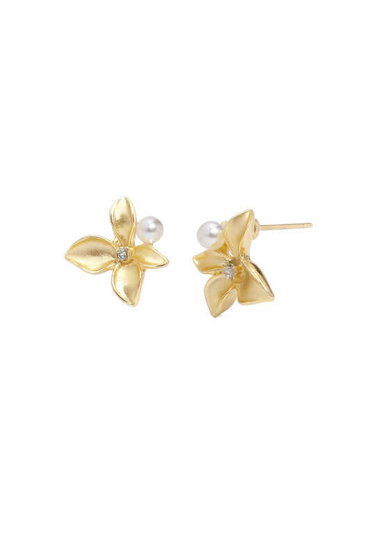 Jewello elegant gold-plated floral design with golden stone stud and pearl bead stud Korean earring for women and girls. Gift for her.