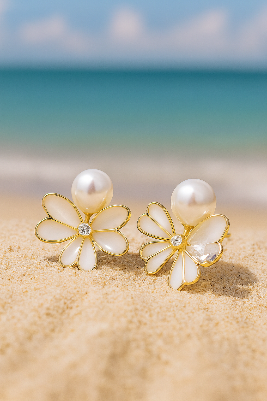 Jewello trendy floral design with shimmering pearl and white stone stud korean earring for women and girls. Gift for her.