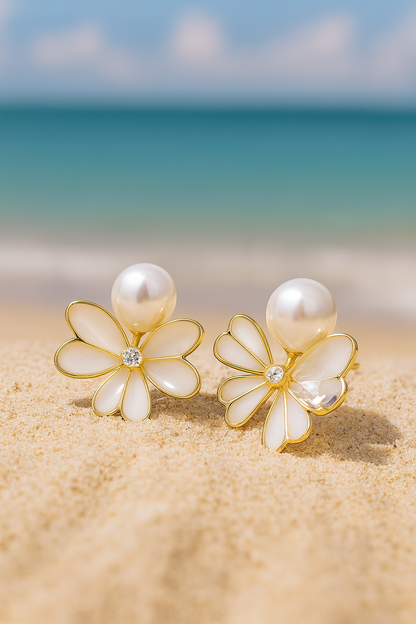 Jewello trendy floral design with shimmering pearl and white stone stud korean earring for women and girls. Gift for her.