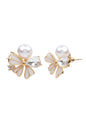 Jewello trendy floral design with shimmering pearl and white stone stud korean earring for women and girls. Gift for her.