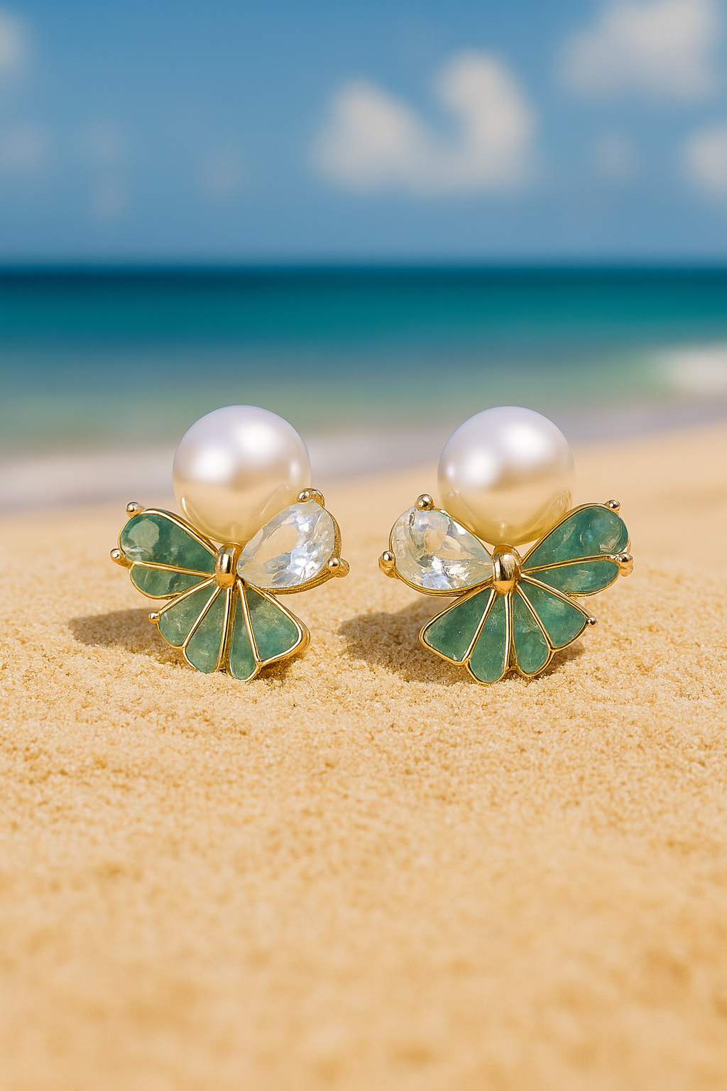 Jewello trendy floral light pink colour design with shimmering white stone and pearl bead stud dainty anti tarnish korean earring for women and girls. gift for her.