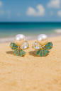 Jewello trendy floral light pink colour design with shimmering white stone and pearl bead stud dainty anti tarnish korean earring for women and girls. gift for her.