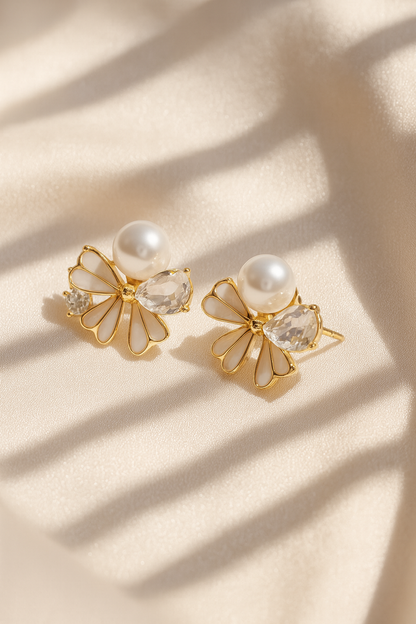 Jewello trendy floral design with shimmering pearl and white stone stud korean earring for women and girls. Gift for her.