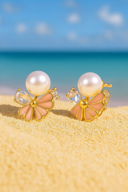 Jewello delicate floral design yellow colour with pearl and white stone Stone stud korean earring for women and girls. Gift for her.
