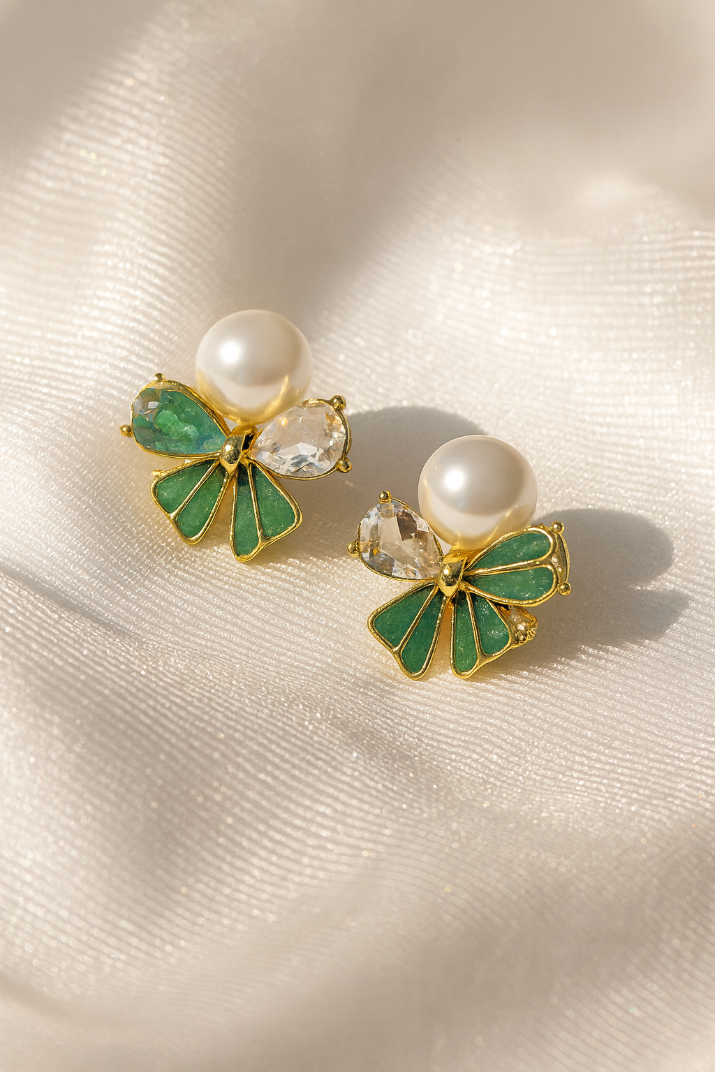 Jewello trendy floral light pink colour design with shimmering white stone and pearl bead stud dainty anti tarnish korean earring for women and girls. gift for her.