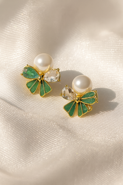 Jewello trendy floral light pink colour design with shimmering white stone and pearl bead stud dainty anti tarnish korean earring for women and girls. gift for her.