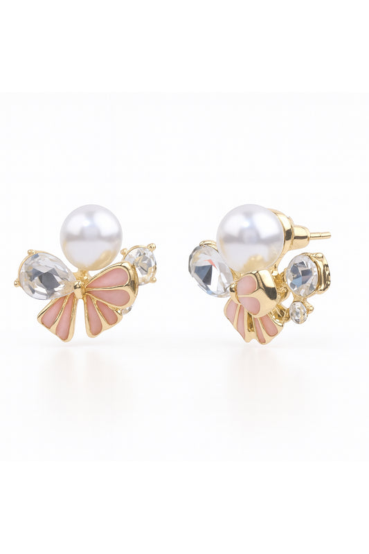 Jewello delicate floral design yellow colour with pearl and white stone Stone stud korean earring for women and girls. Gift for her.