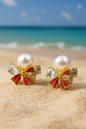 Jewello stylish floral design with red stone and shimmering pearl and stone stud dainty korean earring for women and girls. Gift for her.
