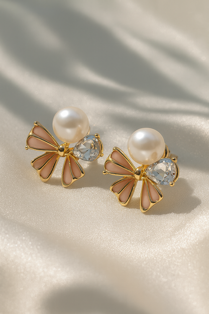 Jewello delicate floral design yellow colour with pearl and white stone Stone stud korean earring for women and girls. Gift for her.