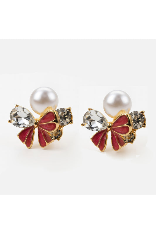 Jewello stylish floral design with red stone and shimmering pearl and stone stud dainty korean earring for women and girls. Gift for her.