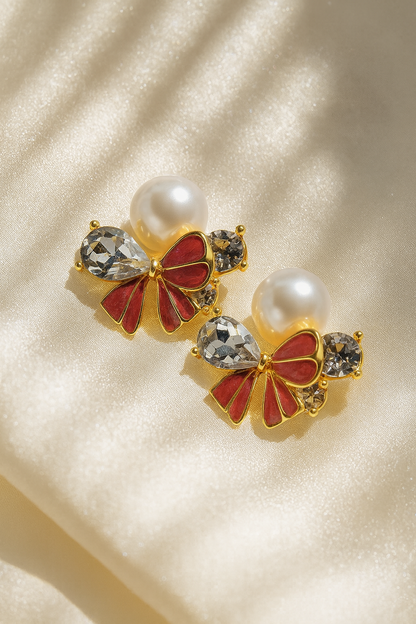 Jewello stylish floral design with red stone and shimmering pearl and stone stud dainty korean earring for women and girls. Gift for her.