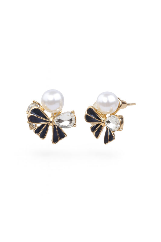 Jewello delicate floral design with black stone and pearl bead stud dainty korean earring for women and girls. Daily wear earring, office wear earring. Gift for her.