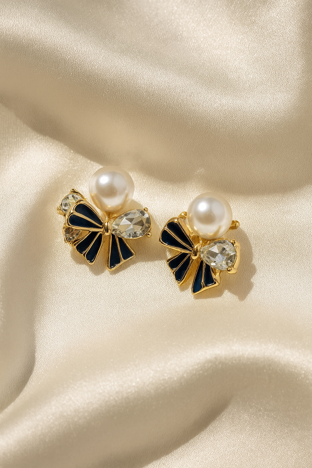 Jewello delicate floral design with black stone and pearl bead stud dainty korean earring for women and girls. Daily wear earring, office wear earring. Gift for her.