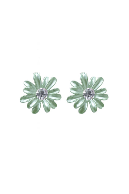 Jewello fancy light green flower design with shimmering white stone stud dainty korean earring for women and girls. Gift for her.