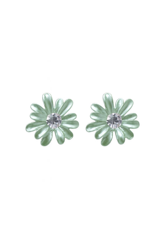 Jewello fancy light green flower design with shimmering white stone stud dainty korean earring for women and girls. Gift for her.