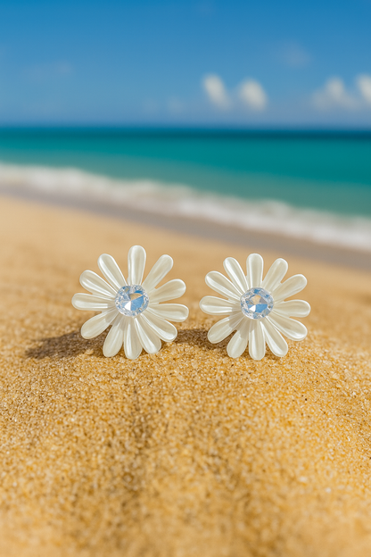 Jewello elegant white flower design with shimmering white stone stud dainty anti tarnish korean earring for women and girls. Gift for her.