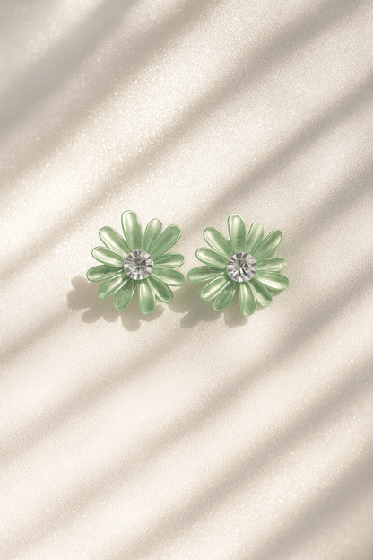 Jewello fancy light green flower design with shimmering white stone stud dainty korean earring for women and girls. Gift for her.