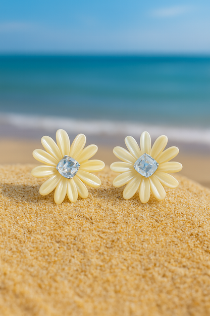 Jewello trendy yellow flower design with shimmering white stone stud sterling dainty korean earring for women and girls. Gift for her.