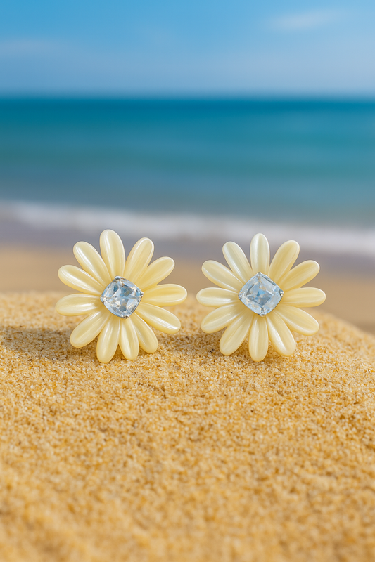 Jewello trendy yellow flower design with shimmering white stone stud sterling dainty korean earring for women and girls. Gift for her.