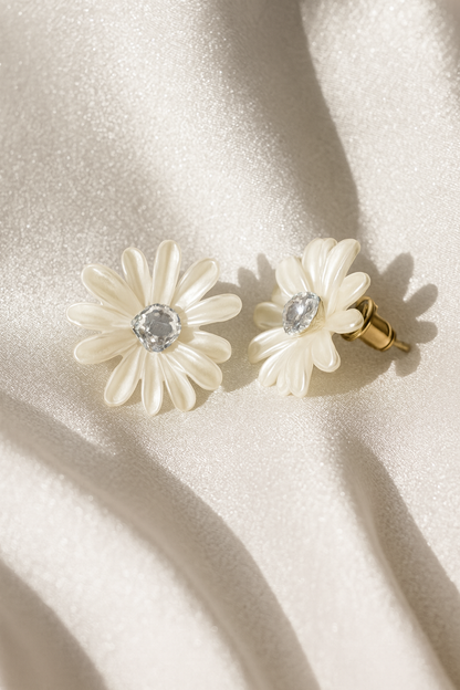 Jewello elegant white flower design with shimmering white stone stud dainty anti tarnish korean earring for women and girls. Gift for her.