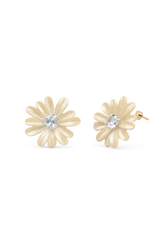Jewello trendy yellow flower design with shimmering white stone stud sterling dainty korean earring for women and girls. Gift for her.