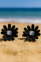 Jewello fashionable black flower design with shimmering white stone stud korean earring for women and girls. Gift for her.