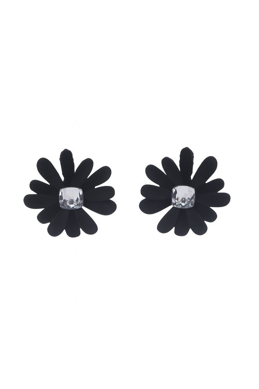 Jewello fashionable black flower design with shimmering white stone stud korean earring for women and girls. Gift for her.