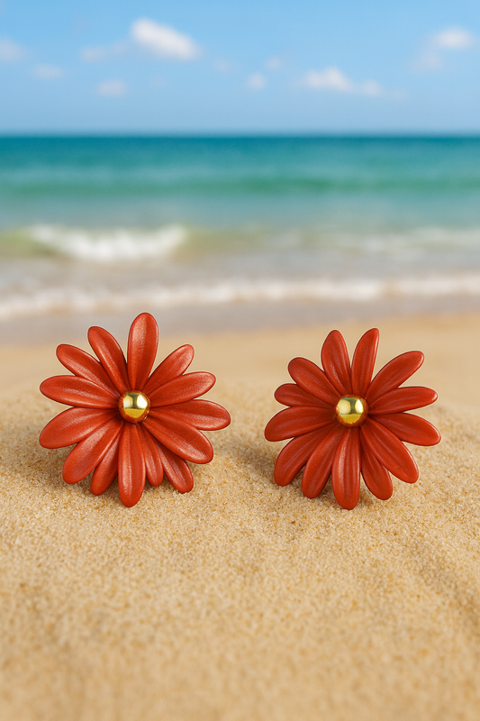 Jewello trendy orange flower design with golden bead stud dainty korean earring for women and girls. Gift for her.