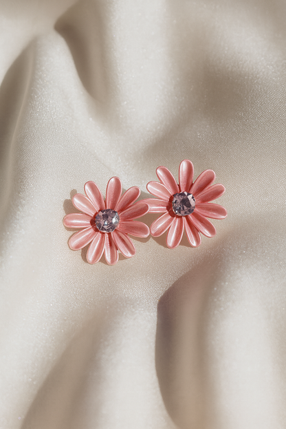 Jewello Amazing pink flower design with shimmering white stone stud dainty korean earring for women and girls. Gift for her.