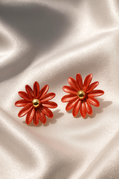 Jewello trendy orange flower design with golden bead stud dainty korean earring for women and girls. Gift for her.