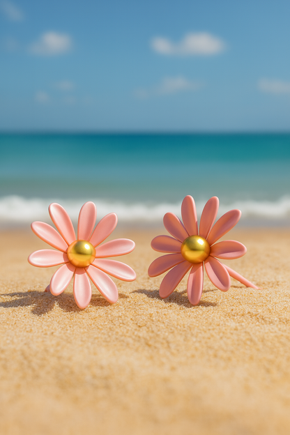 Jewello trendy pink flower design with golden bead stud dainty korean earring for women and girls. Gift for her.