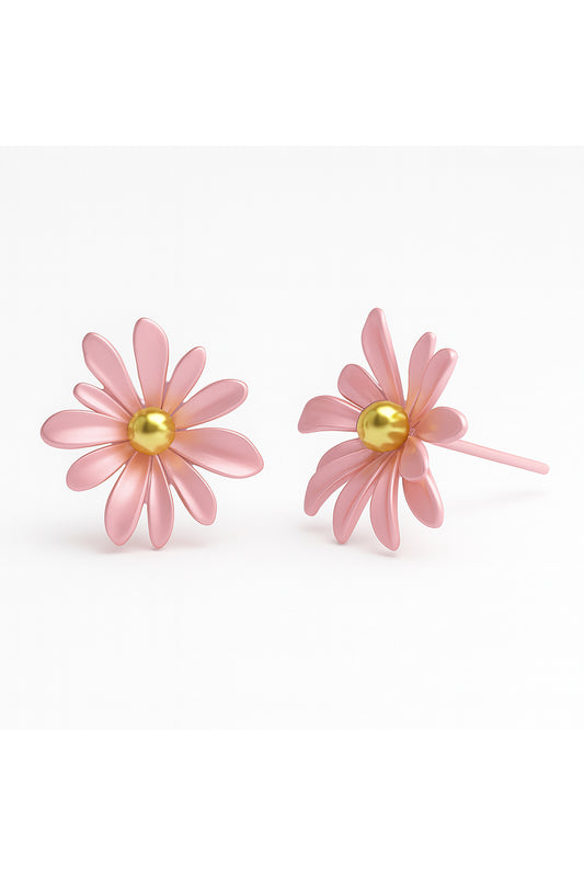 Jewello trendy pink flower design with golden bead stud dainty korean earring for women and girls. Gift for her.