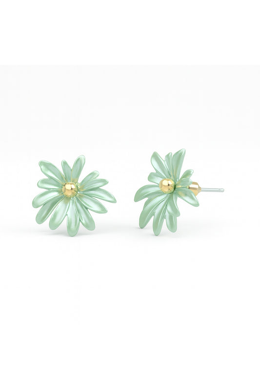 Jewello fancy green flower design with golden bead stud dainty korean earring for women and girls. Gift for her.