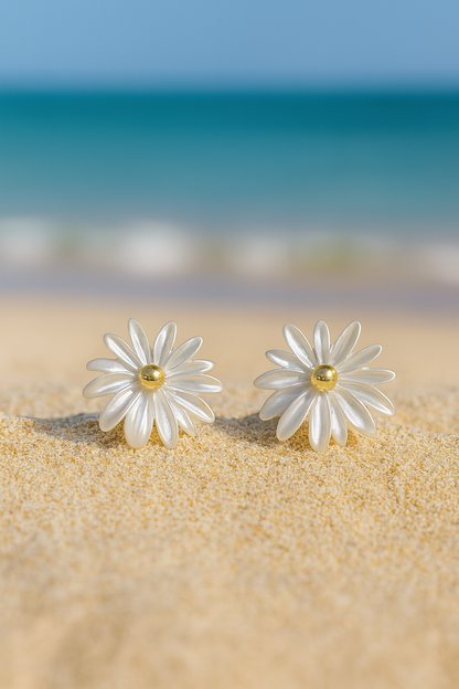 Jewello beautiful white flower design with golden bead stud dainty korean earring for women and girls. Gift for her.