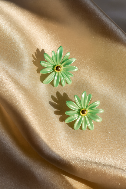 Jewello fancy green flower design with golden bead stud dainty korean earring for women and girls. Gift for her.