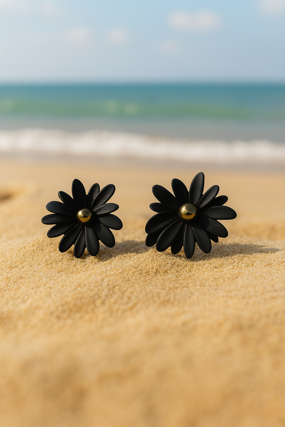 Jewello classic black flower design with golden bead stud dainty korean earring for women and girls. Gift for her.