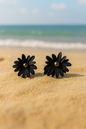 Jewello classic black flower design with golden bead stud dainty korean earring for women and girls. Gift for her.