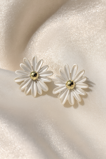 Jewello beautiful white flower design with golden bead stud dainty korean earring for women and girls. Gift for her.