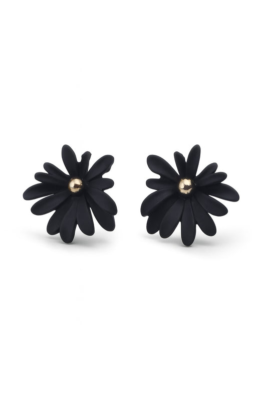 Jewello classic black flower design with golden bead stud dainty korean earring for women and girls. Gift for her.