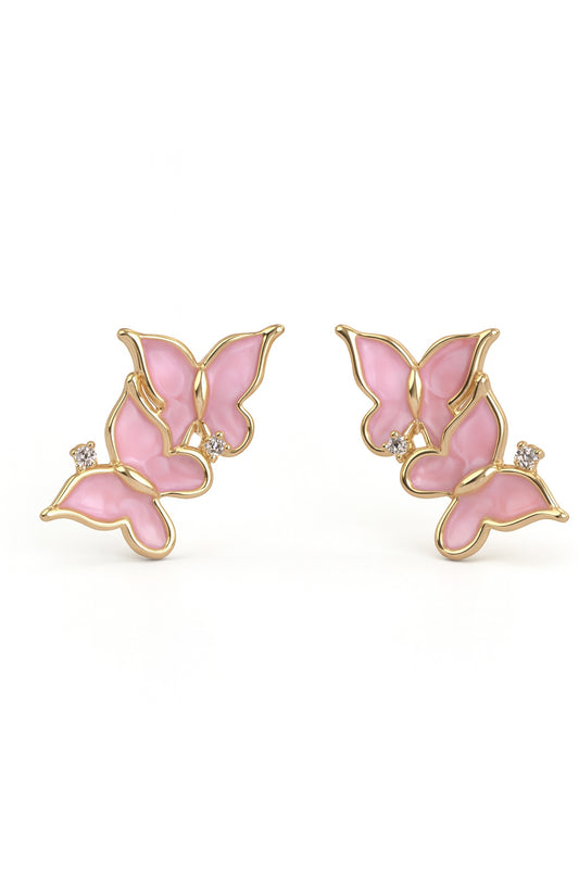 Jewello gold plated butterfly design pink stone stud dainty korean earring for women and girls. Gift for her.