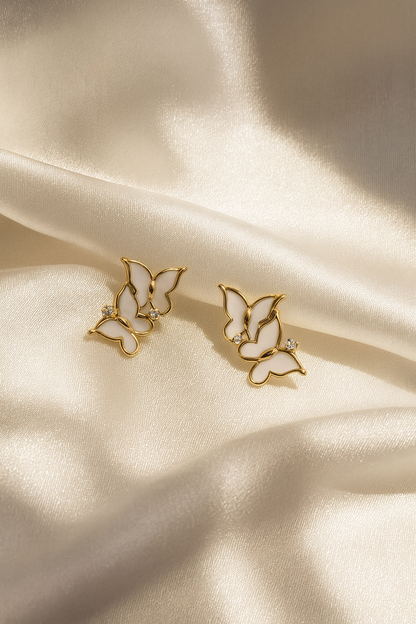 Jewello gold plated butterfly design with light pink stone stud dainty Korean earring for women and girls. Gift for her.