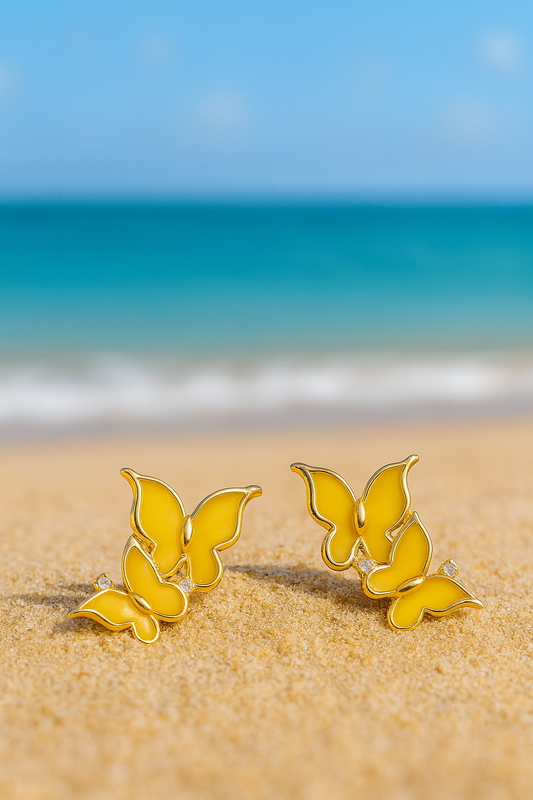 Jewello fancy gold plated  butterfly design with yellow stone stud dainty korean earring for women and girls. Gift for her.